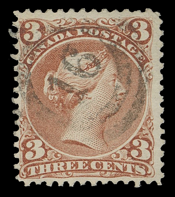 CANADA -  4 LARGE QUEEN  1868-1870 3c red on medium horizontal wove paper, bright fresh example with quite clear, centrally struck 2-ring 