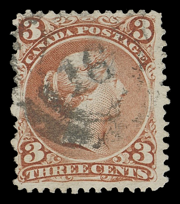 CANADA -  4 LARGE QUEEN  1868-1870 2c green & 3c red on medium horizontal wove paper, former with light crease. Rarely seen numeral cancels (RF 8), Fine+ / F-VF to VF strikes (Unitrade 24, 25)