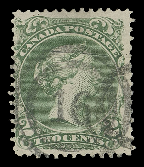 CANADA -  4 LARGE QUEEN  1868-1870 2c green & 3c red on medium horizontal wove paper, former with light crease. Rarely seen numeral cancels (RF 8), Fine+ / F-VF to VF strikes (Unitrade 24, 25)