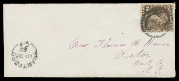 CANADA -  4 LARGE QUEEN  Earliest Recorded Date: 1869 (April 20) Small envelope in immaculate condition mailed to Victor, New York State, bearing nicely centered 6c dark brown tied by light but legible 2-ring 