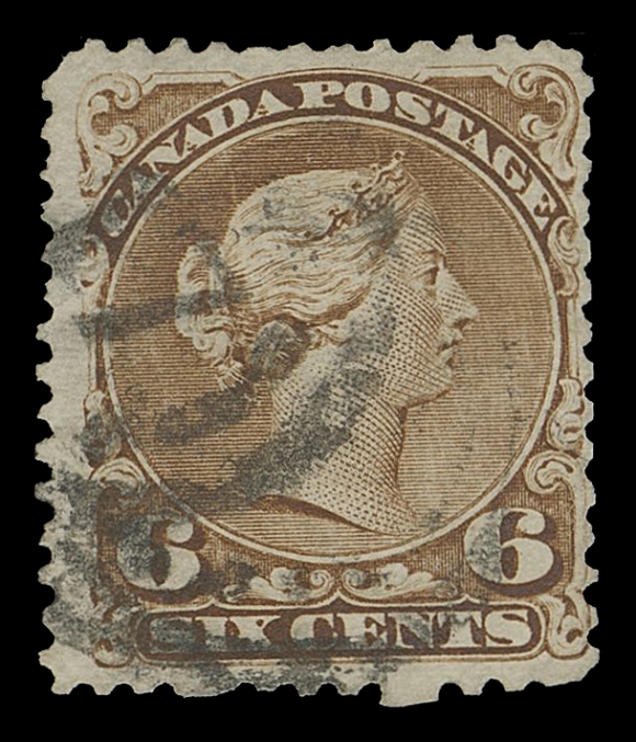 CANADA -  4 LARGE QUEEN  1871-1872 6c yellow brown (Plate 2) on medium horizontal wove paper, quite clear impression of the extremely rare 2-ring 