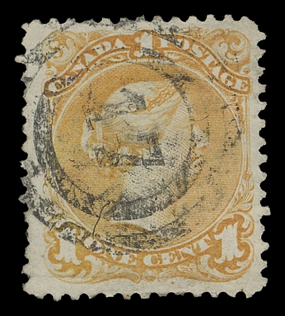 CANADA -  4 LARGE QUEEN  1869 1c yellow orange on medium horizontal wove paper, small faults but has a nice clear, central strike of the very rare 2-ring 