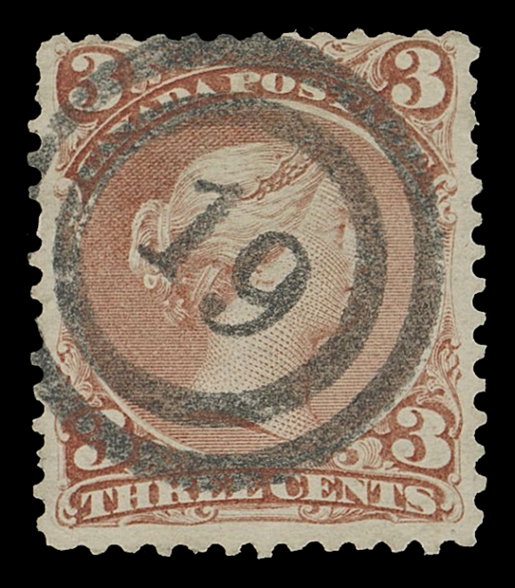CANADA -  4 LARGE QUEEN  1868-1869 3c rose red on medium horizontal wove paper, a lovely sound example displaying a spectacular, remarkably sharp and centrally struck 2-ring 