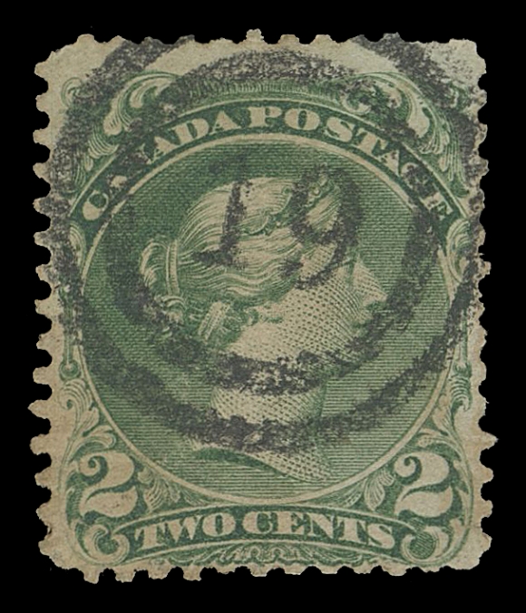 CANADA -  4 LARGE QUEEN  1868-1869 2c green on medium wove paper, overall toned mostly visible on back, small thin at top, but with superb centrally struck 2-ring 