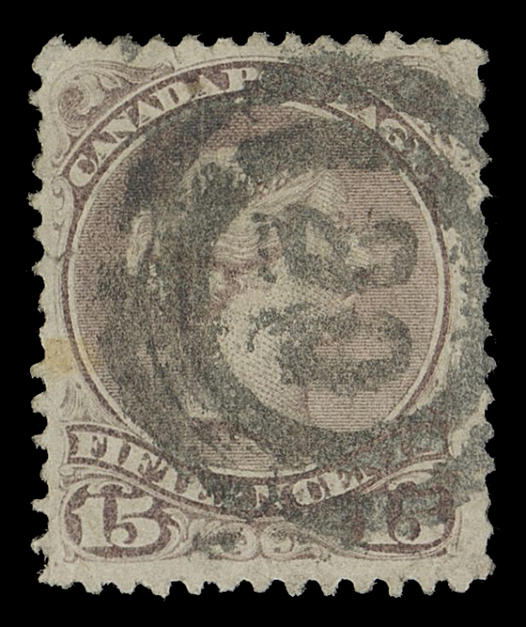 CANADA -  4 LARGE QUEEN  1868-1871 12½c dull blue on medium wove paper, some toning and 1868-1869 15c reddish purple on Bothwell paper, small faults, both postmarked with the extremely rare 2-ring 