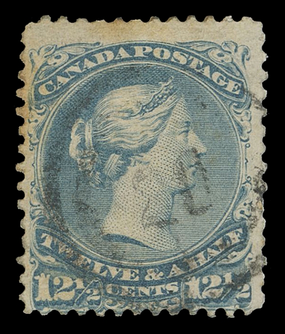 CANADA -  4 LARGE QUEEN  1868-1871 12½c dull blue on medium wove paper, some toning and 1868-1869 15c reddish purple on Bothwell paper, small faults, both postmarked with the extremely rare 2-ring 