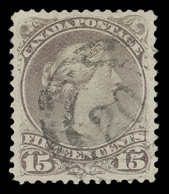 CANADA -  4 LARGE QUEEN  1873-1875 15c deep red lilac on medium white wove paper with horizontal mesh, perf 12, an unusually choice example displaying an attractively clear and quite centrally struck 2-ring 