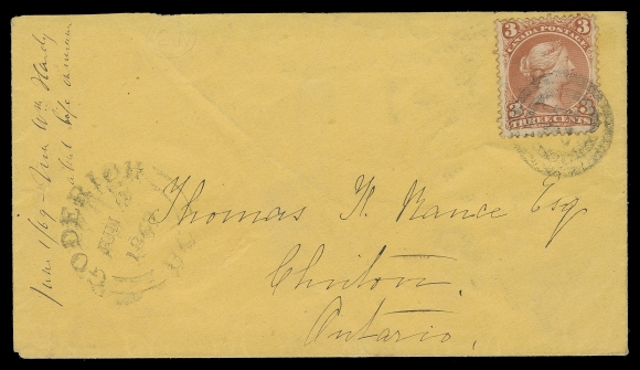 CANADA -  4 LARGE QUEEN  Earliest Recorded Date: 1869 (June 2) Yellow cover mailed to Clinton, portion of backflap missing, franked with single 3c red on medium wove paper, nicely tied by light but complete and legible 2-ring 
