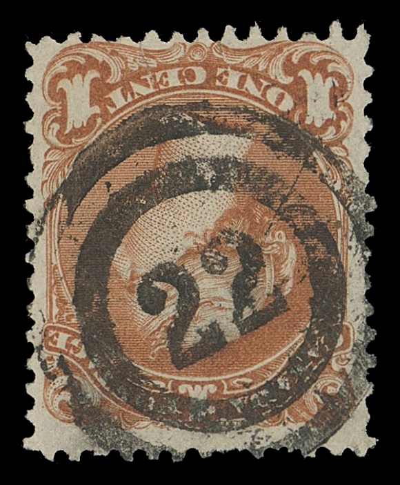 CANADA -  4 LARGE QUEEN  1868 1c brown red on Bothwell paper, centrally struck by an amazingly bold, well clear 2-ring 