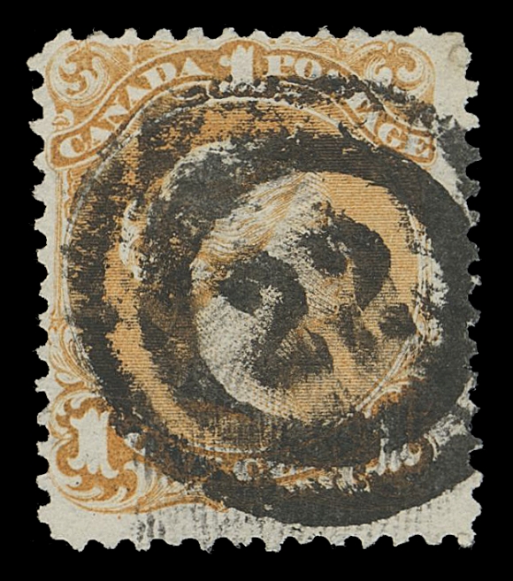 CANADA -  4 LARGE QUEEN  1869 1c yellow orange on thinner wove paper with horizontal mesh, a sound example with visually striking, boldly struck, socked-on-nose 2-ring 