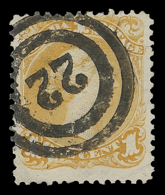 CANADA -  4 LARGE QUEEN  1869 1c yellow orange on medium horizontal wove paper, large margined example showing an incredible, bold and sharply struck 2-ring 