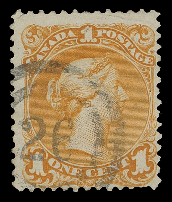 CANADA -  4 LARGE QUEEN  1869 (early) 1c deep orange, first printing on medium horizontal wove paper, rich colour and fresh, showing upright position and clear strike of 2-ring 