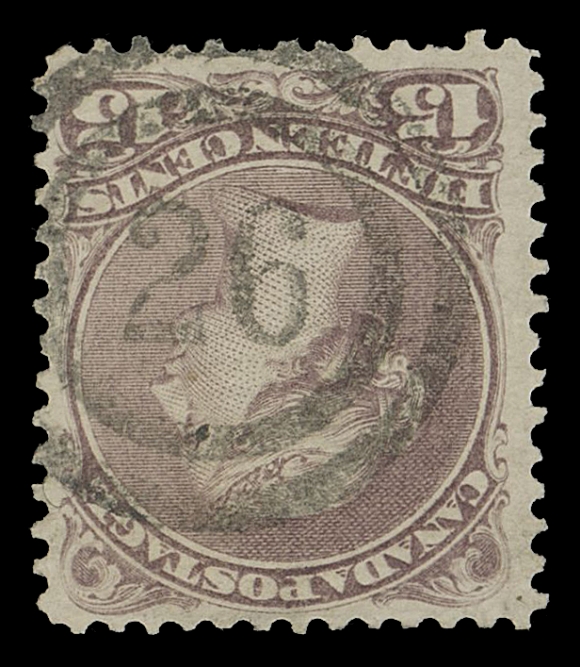 CANADA -  4 LARGE QUEEN  1868-1870 15c grey purple on medium horizontal wove paper, perf 12, well centered example of an early printing, ideally struck (inverted) with a well clear 2-ring 