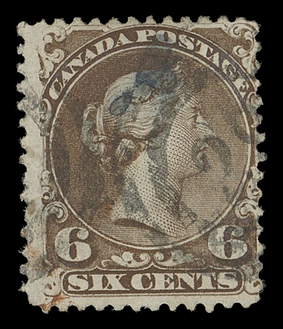 CANADA -  4 LARGE QUEEN  1c/6c group, a RF 5 - very scarce 2-ring assembly, includes 1c yellow orange, 2c green, 3c red, 6c brown on the rare Bothwell watermarked paper, showing complete "ILL" letters of "CLUTHA MILLS", extraneous ink on both sides and 6c yellow brown strip of three, right-hand stamp with faults. F-VF / mostly VF strikes (Unitrade 23/27b)