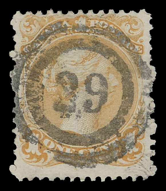 CANADA -  4 LARGE QUEEN  1869 1c yellow orange on medium horizontal wove paper, brilliant fresh stamp with amazing socked-on-nose 2-ring 