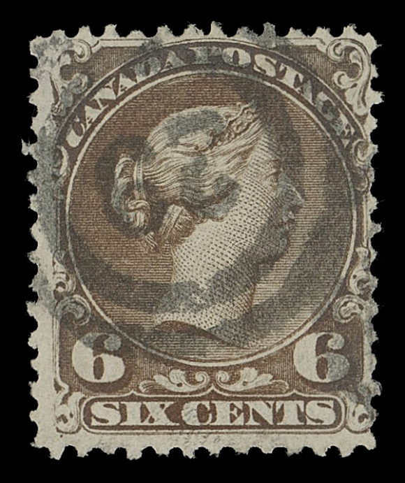 CANADA -  4 LARGE QUEEN  1868-1869 6c dark brown (Plate 1) on watermarked Bothwell paper, showing large portion of "MIL" of "MILLS" watermark letters, light wrinkle, deep colour on fresh paper, along with a neat, centrally struck 2-ring 