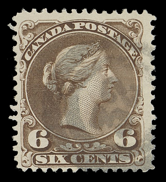 CANADA -  4 LARGE QUEEN  1869-1870 6c brown (Plate 2) on the distinctive soft white "blotting" paper, amazingly sharp impression on bright white paper associated with this elusive printing, large margins, in flawless condition quite unusual on this fragile paper, along with centrally struck well-defined 2-ring 