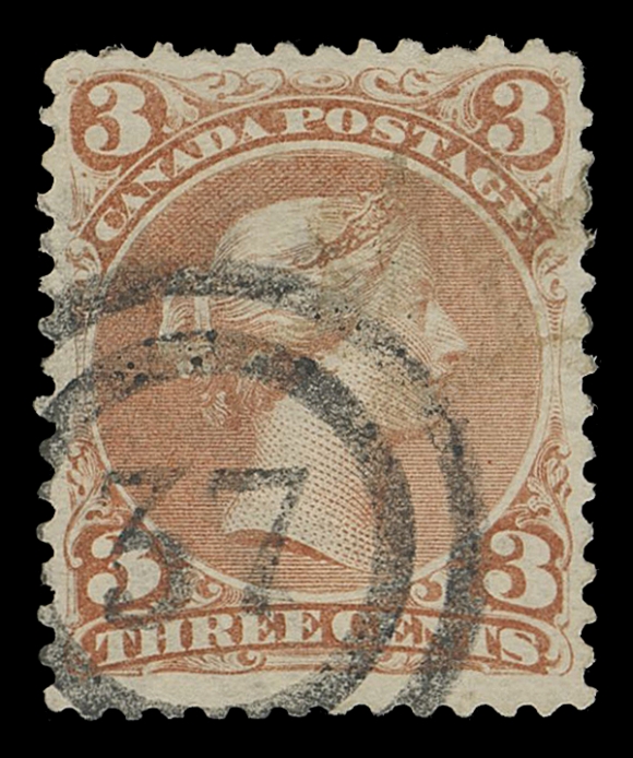 CANADA -  4 LARGE QUEEN  1868-1869 3c orange red on medium horizontal wove paper, well centered example displaying an ideal and unusually well-defined strike of 2-ring 