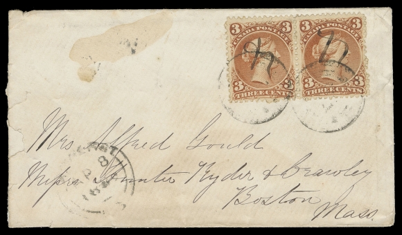 CANADA -  4 LARGE QUEEN  Earliest Recorded Date: 1869 (April 8) Cover mailed to Boston, USA, opening tears and staining at left, franked with pair of 3c red on medium horizontal wove paper, tied by partly distinct 2-ring 