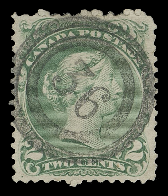 CANADA -  4 LARGE QUEEN  1871-1872 2c emerald green on medium horizontal wove paper, quite well centered, superbly struck with socked-on-nose 2-ring 