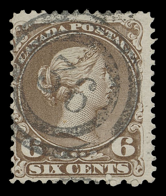 CANADA -  4 LARGE QUEEN  1870-1872 6c brown (Plate 2) on medium horizontal wove paper, brilliant fresh example showing a beautiful, centrally struck 2-ring 