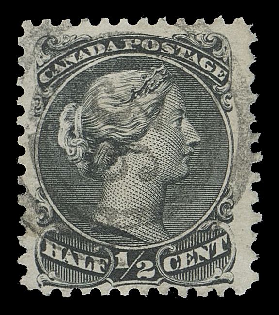 CANADA -  4 LARGE QUEEN  1869-1872 ½c black on medium horizontal wove paper, perf 12, lovely example with ideally struck 2-ring 