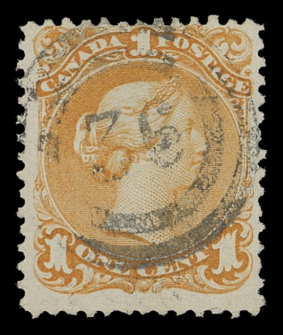 CANADA -  4 LARGE QUEEN  1c/15c group, includes 1c deep orange and yellow orange shade, 5c, 12½ and 15c red lilac; couple with minor perf flaws, a very scarce group, Fine to Very Fine / all with VF to VF+ strikes (Unitrade 23/29b)