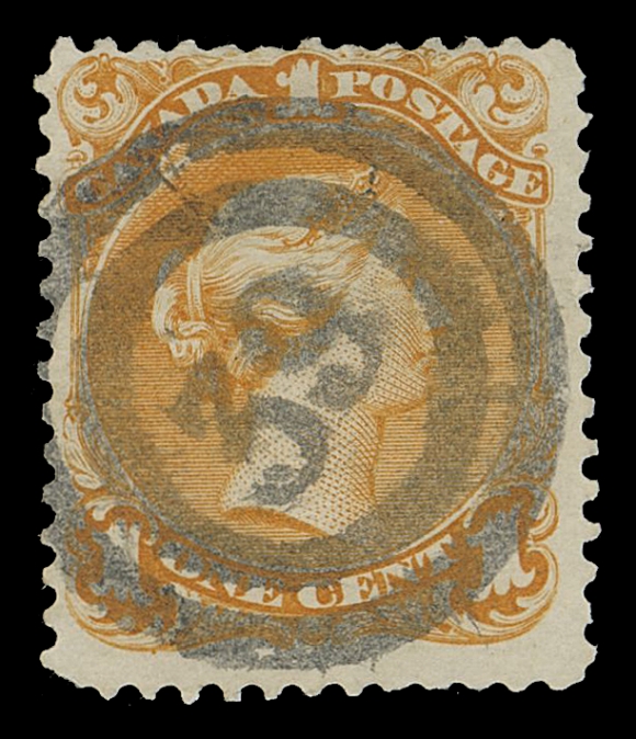 CANADA -  4 LARGE QUEEN  1869 (early) 1c deep orange, first printing, bright fresh sound example with superb bold, socked-on-nose 2-ring 