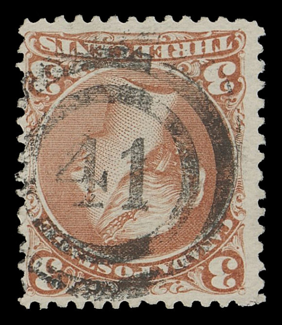 CANADA -  4 LARGE QUEEN  1868-1869 3c red on medium horizontal wove paper, select bright fresh stamp, displaying an impressive, near socked-on-nose (inverted) 2-ring 