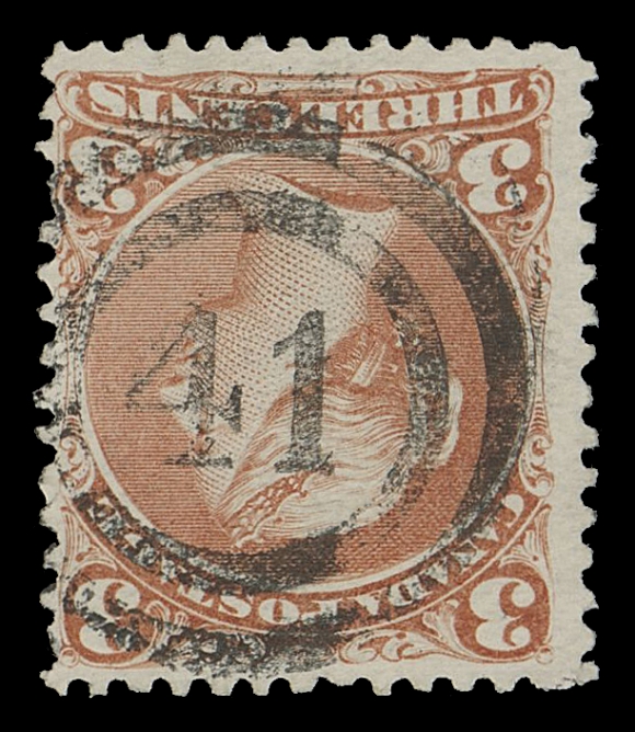CANADA - 4 LARGE QUEEN 1868-1869 3c red on medium horizontal wove paper, select bright fresh stamp, displaying an impressive, near socked-on-nose (inverted) 2-ring