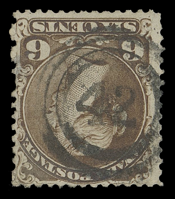 CANADA -  4 LARGE QUEEN  1869-1870 6c brown (Plate 1) on Bothwell paper, small thin, centrally struck, bold and well-defined 2-ring 