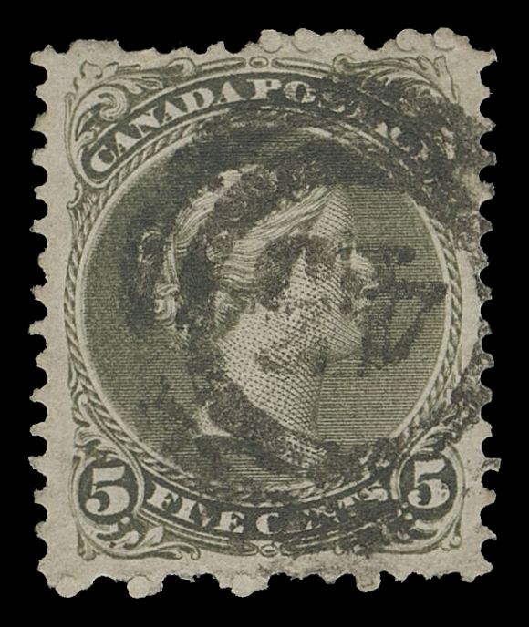 CANADA -  4 LARGE QUEEN  1875 5c olive green on medium vertical mesh paper, perf 11¾x12, well centered example, a few uncleared perf discs, displaying a well-defined and centrally struck (inverted) 2-ring 