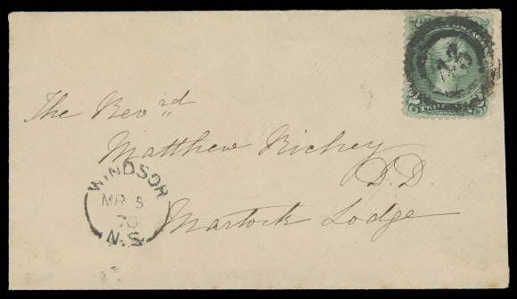 CANADA -  4 LARGE QUEEN  1870 (March 5) Clean cover mailed from Windsor, NS, franked with single 2c bluish green on Bothwell paper, tied by bold, socked-on-nose 