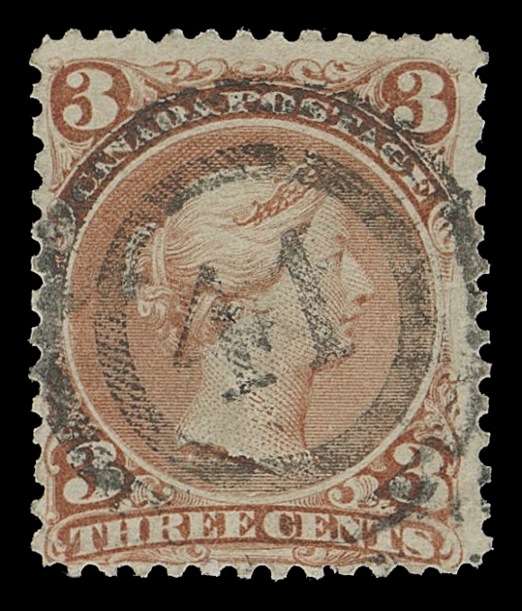 CANADA -  4 LARGE QUEEN  1868-1869 3 cent, four examples - three different shades, each showing centrally struck, well-defined 2-ring 