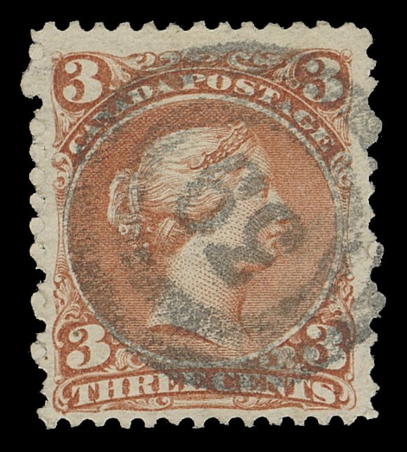 CANADA -  4 LARGE QUEEN  1868-1869 3 cent, four examples - three different shades, each showing centrally struck, well-defined 2-ring 