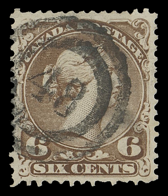 CANADA -  4 LARGE QUEEN  1868-1872 6c dark brown (Plate 1) on medium white wove paper with horizontal mesh, precisely centered stamp, bright fresh colour, couple shortish perfs, displaying ideal, centrally struck 2-ring 
