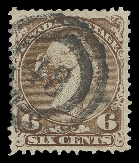 CANADA - 4 LARGE QUEEN 1868-1872 6c dark brown (Plate 1) on medium white wove paper with horizontal mesh, precisely centered stamp, bright fresh colour, couple shortish perfs, displaying ideal, centrally struck 2-ring