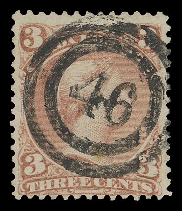 CANADA -  4 LARGE QUEEN  1868-1869 3c rose red shade on medium horizontal wove paper, bright fresh single with exceptional, near perfect 2-ring 