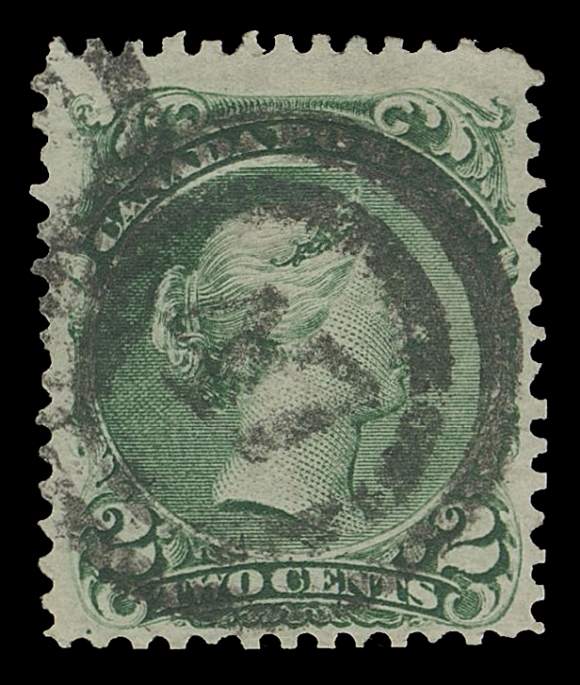 CANADA -  4 LARGE QUEEN  1868-1872 2c green on medium horizontal wove paper, brilliant fresh example, tiny sealed tear at top left, striking appearance, displaying superb bull