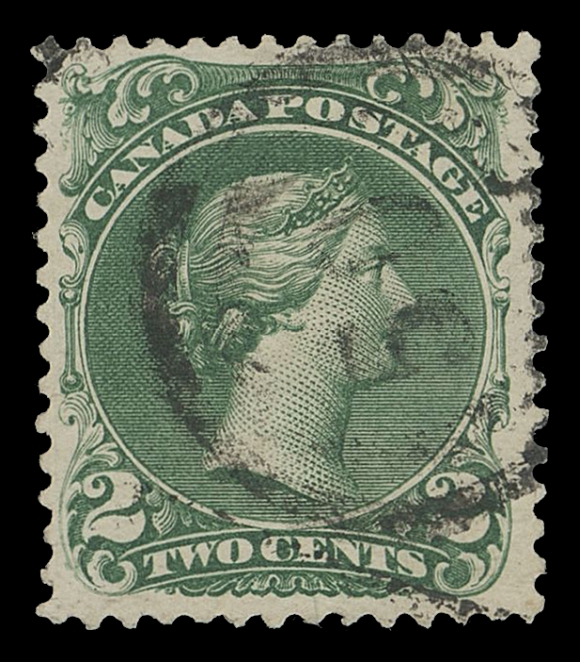 CANADA -  4 LARGE QUEEN  1868-1870 2c deep green on medium horizontal wove paper, well centered and fresh example, faint corner crease at foot, intact perforations all around, showing the extremely rare 2-ring 