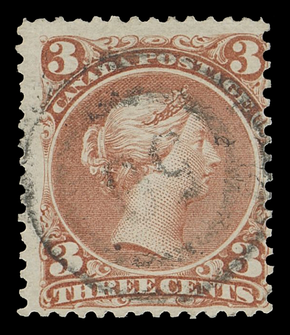 CANADA -  4 LARGE QUEEN  1868-1869 3c red on medium horizontal wove paper, brilliant fresh example, centered right but in flawless condition, displaying a well-defined, socked-on-nose 2-ring 
