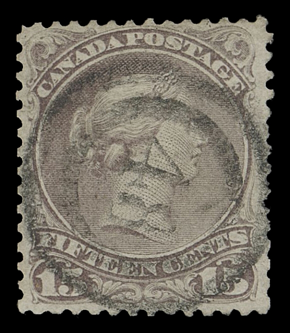 CANADA -  4 LARGE QUEEN  ½c/15c group comprising six different two-ring town cancels (with a total of 18 stamps), all RF 4 to 6 - very scarce to rare, includes 