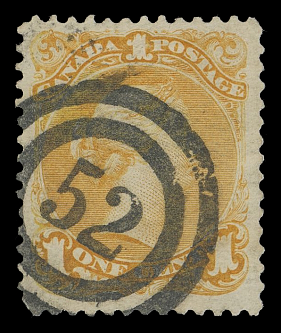 CANADA -  4 LARGE QUEEN  1869 1c yellow orange on medium horizontal wove paper, well centered example with intact perforations all around, showing a spectacular, very clearly struck, superb 2-ring 