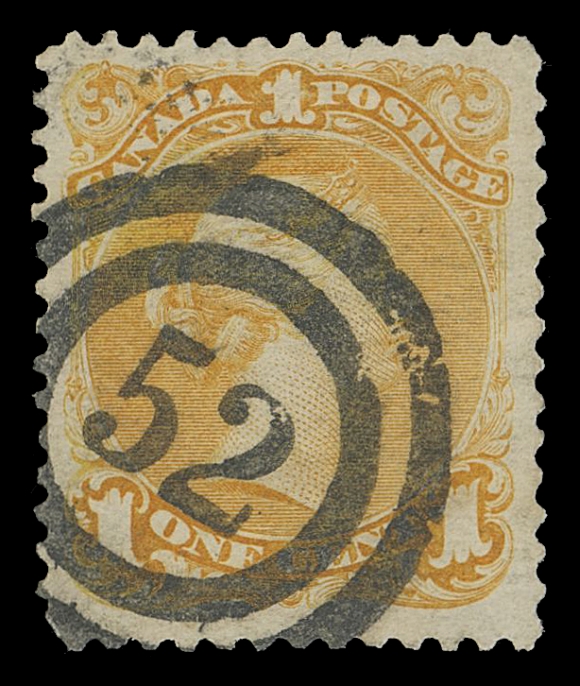 CANADA - 4 LARGE QUEEN 1869 1c yellow orange on medium horizontal wove paper, well centered example with intact perforations all around, showing a spectacular, very clearly struck, superb 2-ring