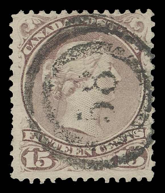 CANADA -  4 LARGE QUEEN  1873-1875 15c bright red lilac on stout smooth surfaced horizontal wove paper, perf 12, lovely example with quite clear, centrally struck 2-ring 