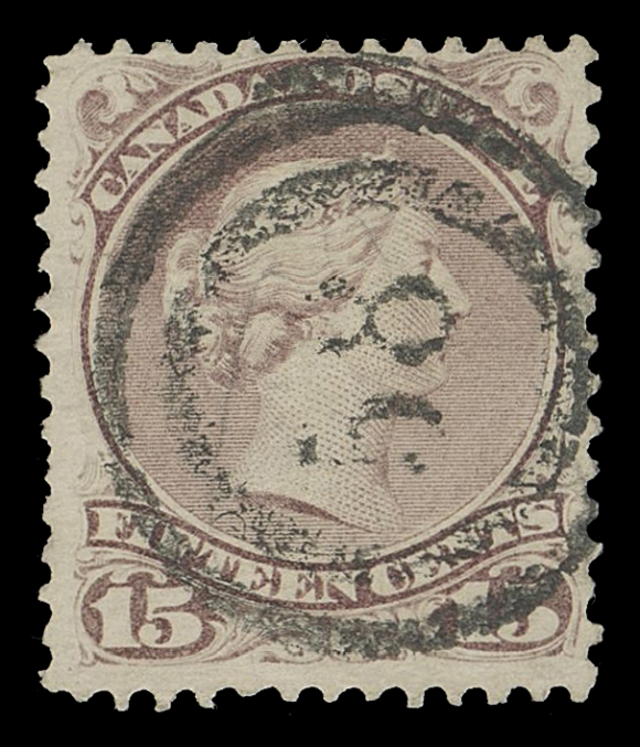 CANADA - 4 LARGE QUEEN 1873-1875 15c bright red lilac on stout smooth surfaced horizontal wove paper, perf 12, lovely example with quite clear, centrally struck 2-ring