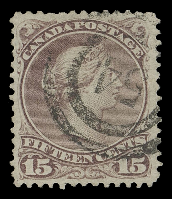 CANADA -  4 LARGE QUEEN  1868 15c deep reddish purple on thin horizontal wove paper, a nice fresh example of this early printing, along with well clear, centrally struck 2-ring 