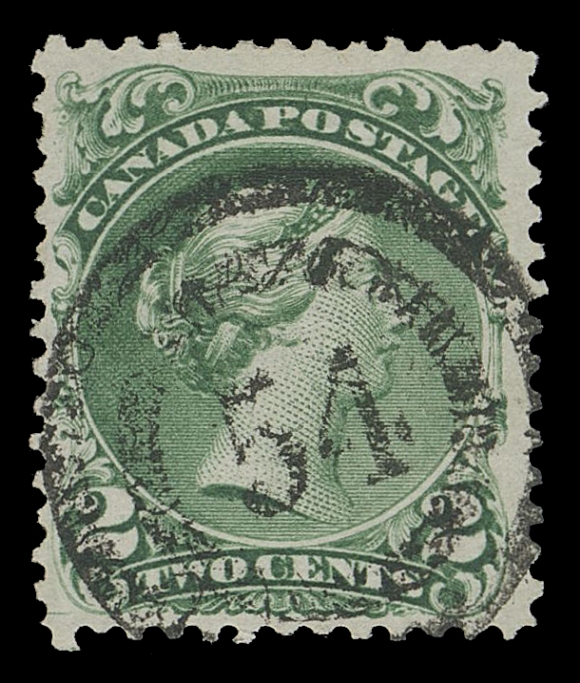 CANADA -  4 LARGE QUEEN  1868-1870 2c grass green on thinner white wove paper with horizontal mesh, a remarkable example, pristine fresh and showing near socked-on-nose 2-ring 