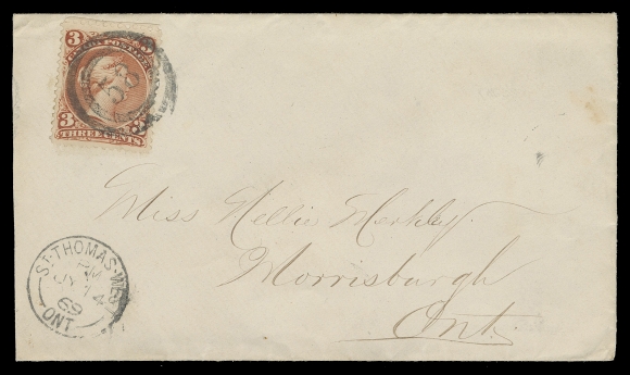 CANADA -  4 LARGE QUEEN  1869 (July 14) Clean envelope with intact red wax seal on reverse, slightly reduced at left, bearing a superb large margined 3c red on medium horizontal wove paper, very well centered and tied by equally superb 2-ring 