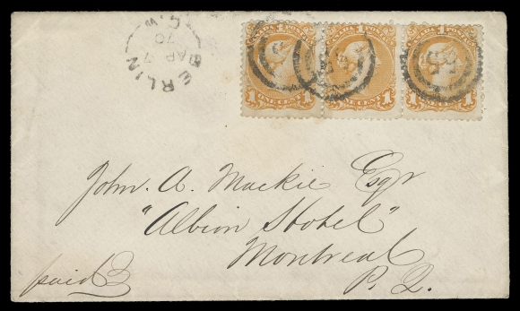 CANADA -  4 LARGE QUEEN  1870 (April 7) Cover mailed to Montreal, paying the 3 cent domestic letter rate with horizontal strip of three of the 1c yellow orange shade on medium horizontal wove paper, cancelled and tied by legible to quite clear 2-ring 